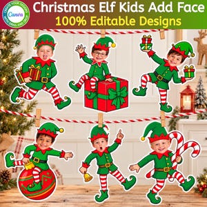 May include: A digital graphic set featuring six illustrations of children dressed as Christmas elves with green tunics, red and white striped leggings, and pointed hats. The designs include elves holding gifts, sitting on presents, or holding ornaments.