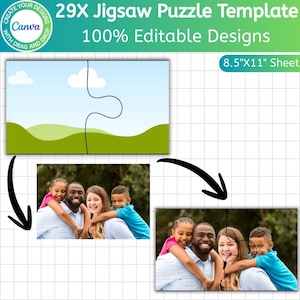Pu&ograve; includere: Un modello di puzzle con un paesaggio e una foto di famiglia. Il modello &egrave; etichettato come "29X Jigsaw Puzzle Template" e "100% Editable Designs". Le dimensioni del foglio sono 21,59 cm x 27,94 cm. Il logo Canva &egrave; visibile nell'angolo in alto a sinistra.