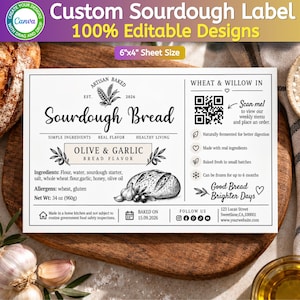 May include: A rectangular white sourdough bread label featuring black text and illustrations. It includes the title Sourdough Bread, a QR code, ingredient list, allergen information, and a net weight of 34 oz. The design displays a 6x4 inch sheet size.