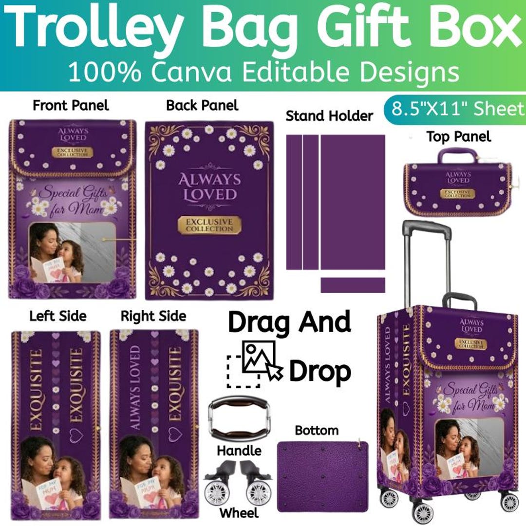Trolley Bag Mother’s Day Gift Box Template, Canva Editable Gift Box ...