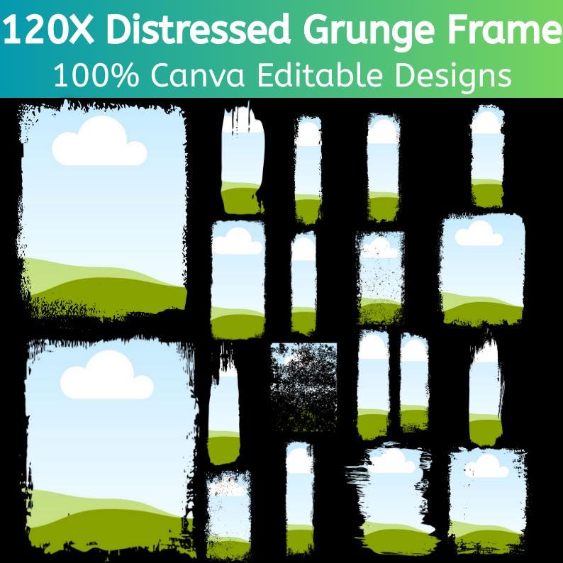Distressed Grunge Canva Frame Bundle, Bleach Effect Drag & Drop ...