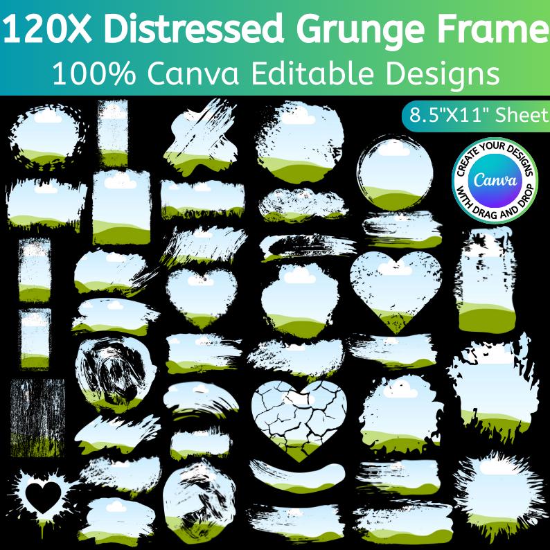 Distressed Grunge Canva Frame Bundle, Bleach Effect Drag & Drop ...
