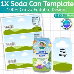 Pode incluir: Um modelo para designs de latas de refrigerante, com uma folha com etiquetas de código de barras e um design de amostra para uma festa de 4º aniversário. O design inclui dinossauros, balões e o texto "Teddy's 4th Birthday Party". O modelo tem 21,59 cm x 27,94 cm e é editável no Canva.