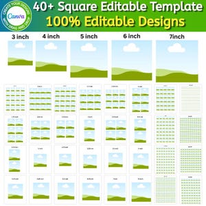 May include: A digital template set featuring 40+ square editable designs with a landscape graphic of green hills and a white cloud against a blue sky. The image displays various square sizes from 3 inch to 7 inch and multiple grid layouts.