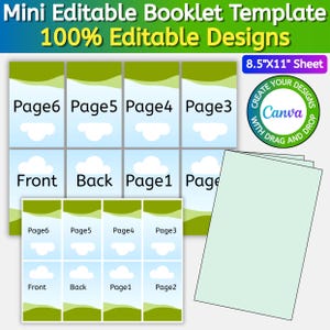 May include: A mini editable booklet template on an 8.5"x11" sheet featuring a light blue and green cloud design. The layout includes labeled sections for Front, Back, and pages 1 through 6. A circular badge indicates Canva compatibility.