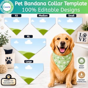 Puede incluir: Una plantilla digital de pañuelo para mascotas con cinco diseños triangulares en tallas XS, Small, Medium, Large y XL con un patrón de cielo azul y colinas verdes. Un golden retriever lleva un pañuelo verde con estampados de huesos y patas.