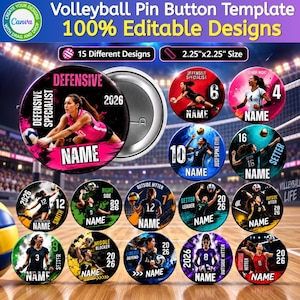 Puede incluir: Una plantilla digital para 15 chapas de voleibol, cada una de 5,72x5,72 cm. Los diseños muestran fotos de acción de jugadores en varias posiciones con texto como "Defensive Specialist" y "Name" sobre fondos coloridos.