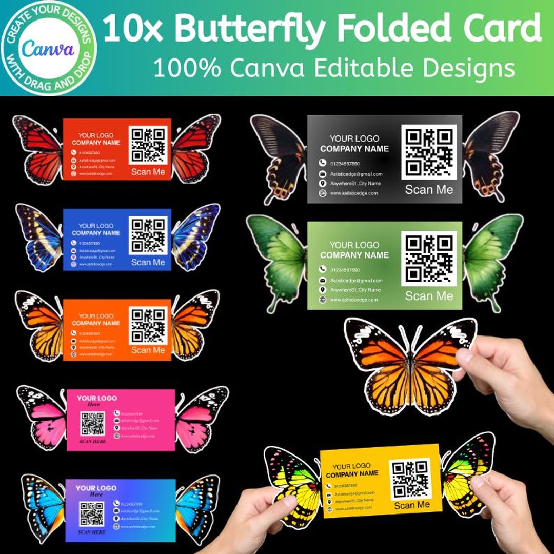 10 Butterfly Folded Business Card Template, Canva Editable Butterfly ...