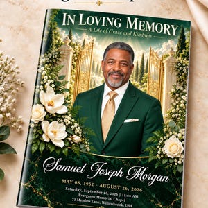Puede incluir: Una plantilla de programa funerario de 8 páginas con el retrato de un hombre en traje verde, flores blancas y puertas doradas. El texto incluye: 8 Pages Funeral Program Template, In Loving Memory, A Life of Grace and Kindness, Samuel Joseph Morgan.