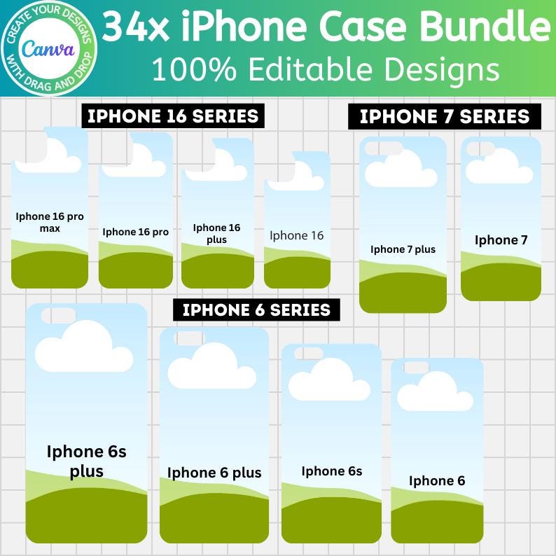 May include: A graphic showcasing a bundle of 34 iPhone case designs. The cases are displayed with a sky and grass design, and are labeled for various iPhone models, including the iPhone 16, 7, and 6 series. The text "100% Editable Designs" is also present.