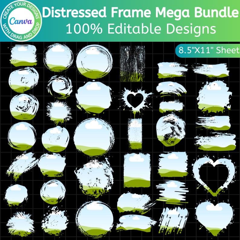 Distressed Grunge Canva Frames Bundle, Editable Distressed Photo Frames ...