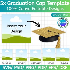 Può includere: Un modello di design digitale per cappelli di laurea, con un tocco d'oro glitterato con base nera e nappa dorata. Il design include elementi modificabili e il testo "Insert Your Design". L'immagine mostra anche varie dimensioni, tra cui un foglio di 25,4 cm x 25,4 cm.