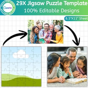 Pu&ograve; includere: Un modello di puzzle con il testo "29X Jigsaw Puzzle Template" e "100% Editable Designs". Il modello include un'immagine del puzzle completato e un design del puzzle vuoto. Il formato del foglio &egrave; 21,6 cm x 27,9 cm.