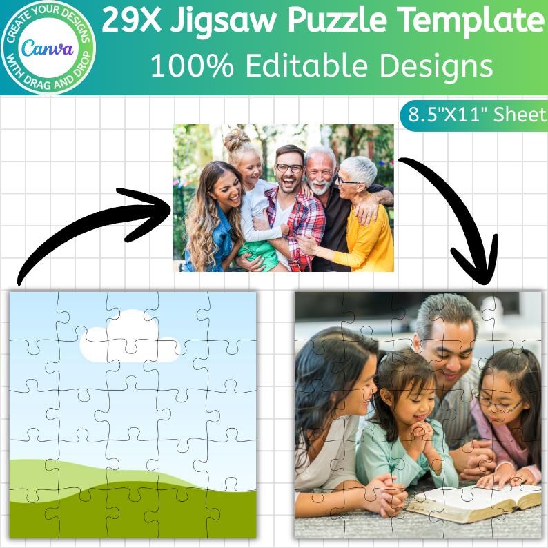 Pu&ograve; includere: Un modello di puzzle con il testo "29X Jigsaw Puzzle Template" e "100% Editable Designs". Il modello include un'immagine del puzzle completato e un design del puzzle vuoto. Il formato del foglio &egrave; 21,6 cm x 27,9 cm.