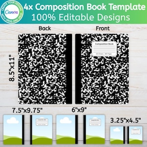 May include: A digital template set featuring four composition book designs with black and white speckled covers and landscape illustrations. The text includes 4x Composition Book Template, 100% Editable Designs, and dimensions 8.5x11 inches, 7.5x9.75 inches, 6x9 inches, and 3.25x4.5 inches.