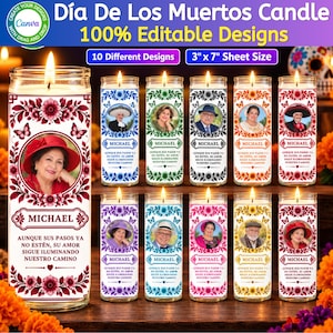 Puede incluir: Un conjunto de diez velas cilíndricas de vidrio con diseños de Día de Los Muertos. Cada vela muestra un retrato circular, bordes florales, mariposas y el texto: MICHAEL, AUNQUE SUS PASOS YA NO ESTÉN, SU AMOR SIGUE ILUMINANDO NUESTRO CAMINO.