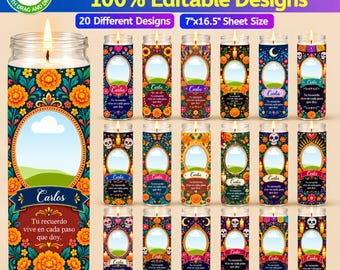 20 Dia de los Muertos Candle Canva Template, Tall Cylinder Candle Wraps, Ofrenda Memorial Candle Labels, Day of Dead Printable Stickers