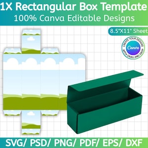 May include: A green rectangular box template with a lid, next to a flat, unfolded box design. The design includes a landscape with blue skies, white clouds, and green fields. Text reads "1X Rectangular Box Template" and "100% Canva Editable Designs".