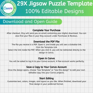Pu&ograve; includere: Un modello digitale per un puzzle 29X con design modificabili al 100%. L'immagine include istruzioni su come scaricare e aprire il modello in Canva, personalizzare il design e salvare una copia.