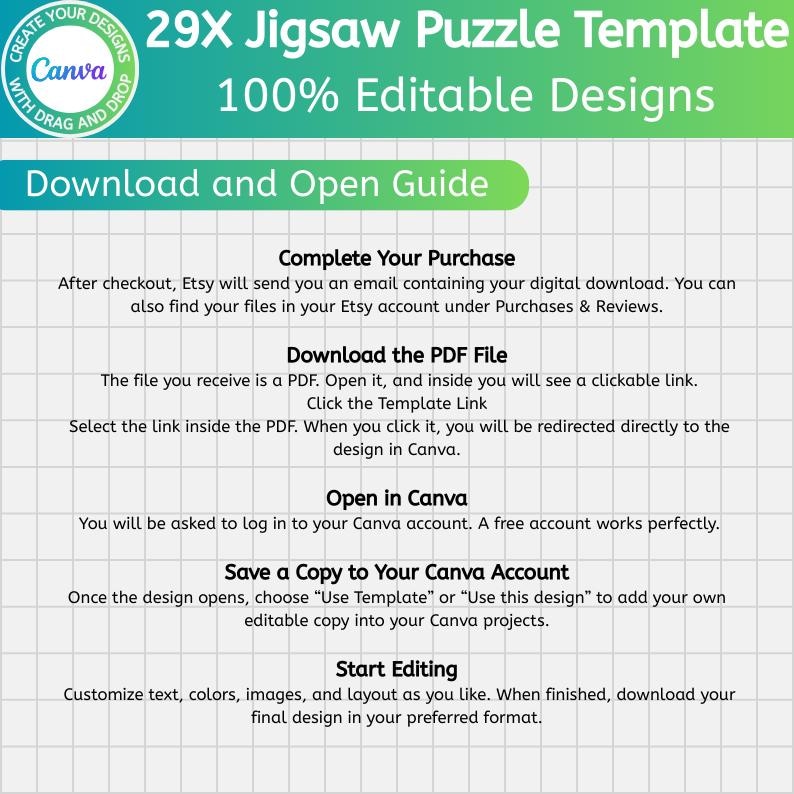 Pu&ograve; includere: Un modello digitale per un puzzle 29X con design modificabili al 100%. L'immagine include istruzioni su come scaricare e aprire il modello in Canva, personalizzare il design e salvare una copia.