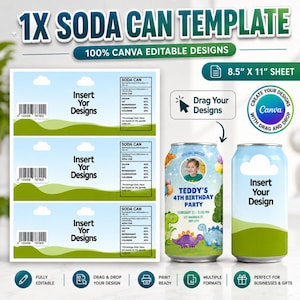 Soda Can Wrapper Vorlage, Canva Bearbeitbares Soda Can Etikett, Normale Soda Dose, Canva Drink Vorlage, Printable Party Favor Wrap, Instant File