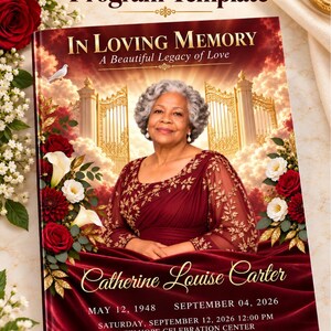 Peut inclure: Un modèle de programme funéraire de 8 pages présentant le portrait d'une personne âgée aux cheveux gris vêtue d'une robe bordeaux. La couverture affiche le texte In Loving Memory, A Beautiful Legacy of Love, Catherine Louise Carter et les détails.