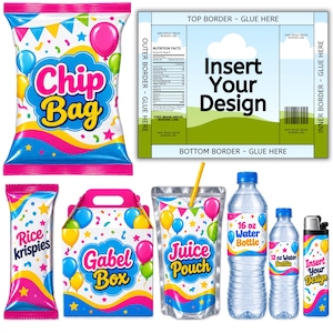 May include: A collection of party favour templates including a chip bag, a Rice Krispies wrapper, a Gabel box, a juice pouch, 16 oz and 12 oz water bottle labels, and a lighter wrap, all featuring colourful balloons, confetti, and wavy patterns.