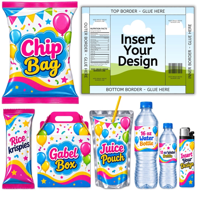 May include: A collection of party favour templates including a chip bag, a Rice Krispies wrapper, a Gabel box, a juice pouch, 16 oz and 12 oz water bottle labels, and a lighter wrap, all featuring colourful balloons, confetti, and wavy patterns.