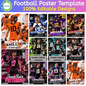 May include: A digital football poster template featuring twelve distinct layouts with customizable text, player names, jersey numbers, and team graphics. The designs incorporate vibrant color schemes, action-oriented sports imagery, and bold typography for athletic event promotion.