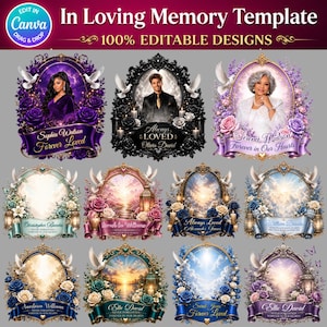 May include: A collection of eleven digital memorial templates featuring ornate frames, floral arrangements, and white doves. The designs include text such as In Loving Memory Template, 100% Editable Designs, Always Loved, and various names like Sophia Watson.