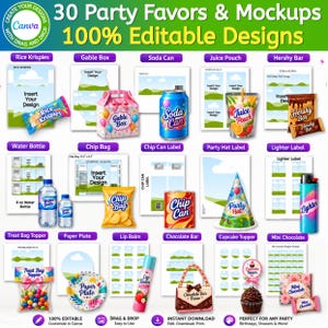 May include: A digital collection of 30 party favor templates and mockups featuring editable designs for items including rice krispies, gable boxes, soda cans, juice pouches, candy bars, water bottles, chip bags, party hats, and lip balm.