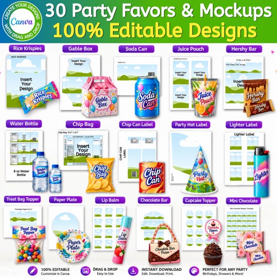30+ Party Favor Templates Bundle, Canva Editable Chip Bag, Water Bottle Labels, Capri Sun, Juice Pouch, Chocolate Bar, Party Favors Download
