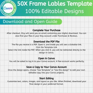 Op de afbeelding: Een digitale sjabloon voor 50 framelabels, 100% bewerkbaar in Canva. De afbeelding bevat instructies over het downloaden van de PDF, het openen ervan en het openen van de sjabloonlink. Het legt ook uit hoe je een kopie opslaat en het ontwerp gaat bewerken.