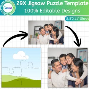Pu&ograve; includere: Un modello di puzzle con una foto di famiglia e un design paesaggistico. Il modello &egrave; intitolato "29X Jigsaw Puzzle Template" e "100% Editable Designs". Il formato del foglio &egrave; 21,59 cm x 27,94 cm. Il logo Canva &egrave; visibile.