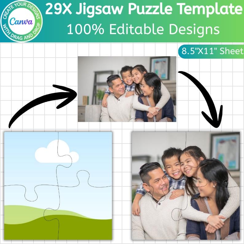 Pu&ograve; includere: Un modello di puzzle con una foto di famiglia e un design paesaggistico. Il modello &egrave; intitolato "29X Jigsaw Puzzle Template" e "100% Editable Designs". Il formato del foglio &egrave; 21,59 cm x 27,94 cm. Il logo Canva &egrave; visibile.