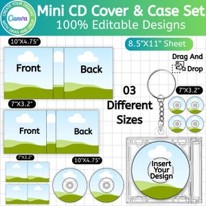 Może przedstawiać: Zestaw mini okładek i etui na płyty CD z tekstem "Mini CD Cover & Case Set" i "100% Editable Designs". Obraz przedstawia trzy różne rozmiary okładek i etui na płyty CD o wymiarach 25,4 cm x 12,07 cm, 17,78 cm x 8,13 cm i 21,59 cm x 27,94 cm.