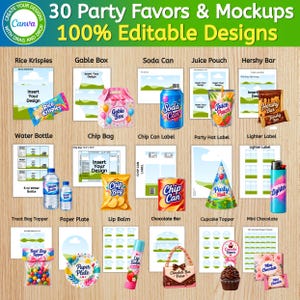 Può includere: Una collezione digitale di 30 modelli e mockup per bomboniere con design modificabili per articoli come scatole, lattine, bustine di succo, barrette di cioccolato, bottiglie d'acqua, sacchetti di patatine, cappellini e etichette.