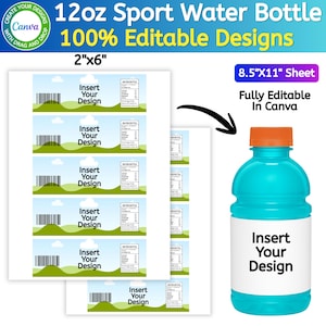 May include: A digital template for 2 inch by 6 inch sport water bottle labels on an 8.5 inch by 11 inch sheet. The design features a blue sky and green hills background with a barcode, nutrition facts, and text reading Insert Your Design.