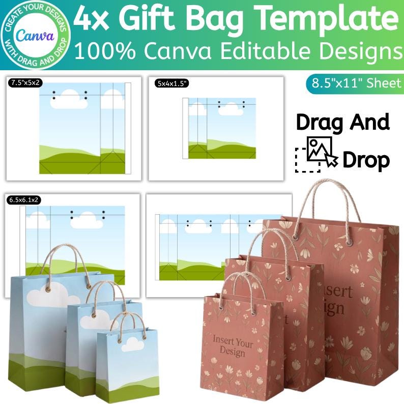 Gift Bag Template Bundle, Canva Editable Bag Template, Custom Gift ...