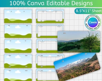 May include: Ten car license plate templates with landscape and sky designs. The templates are 21.6 cm x 27.9 cm and are 100% editable in Canva. The image also includes the file formats: SVG, PSD, PNG, PDF, EPS, and DXF. The text reads "10X Car License Template".