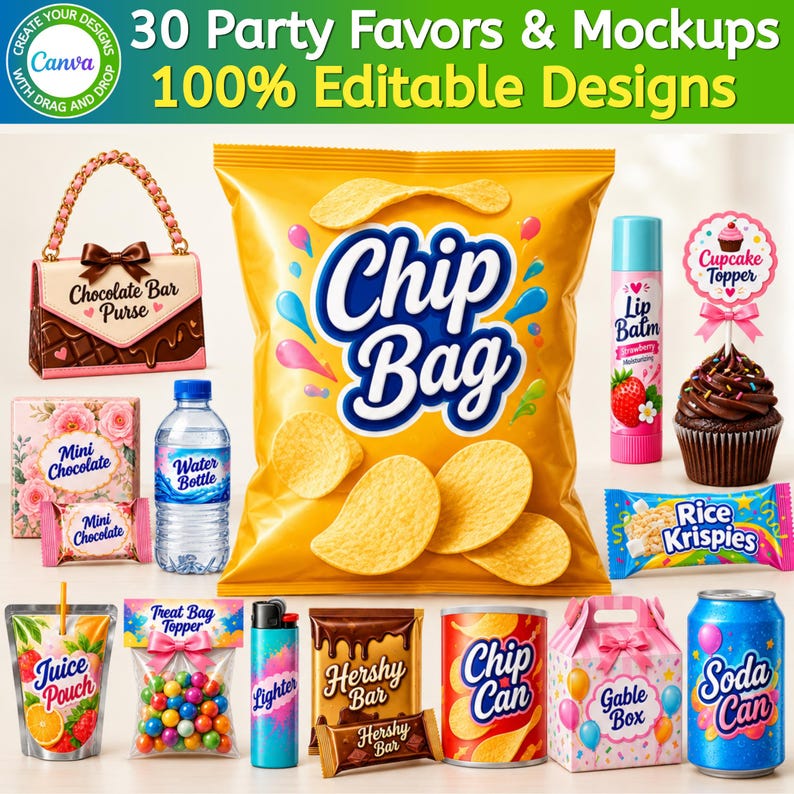 May include: A collection of party favour templates including a chip bag, chocolate bar purse, water bottle label, lip balm, cupcake topper, rice krispies wrapper, juice pouch, treat bag, lighter, hershey bar, chip can, gable box, and soda can.