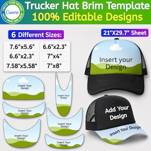 Pode incluir: Um modelo digital para aba de boné trucker com seis tamanhos diferentes em uma folha de 53,3x75,4 cm. O gráfico exibe dois exemplos de bonés trucker com o texto Insert your Design e Add Your Design impresso nas partes frontais dos bonés.