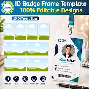 Puede incluir: Una plantilla de marco para tarjeta de identificación con 10 tamaños diferentes de diseños editables. El gráfico muestra un portatarjetas de plástico transparente con un cordón azul, un retrato de muestra y texto como Your Name, Your Position.