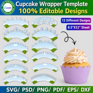 May include: A digital template set featuring 13 different cupcake wrapper designs on an 8.5"x11" sheet. The light blue wrappers include various decorative top edges like hearts, trees, and flowers. A single cupcake with a purple wrapper is shown.