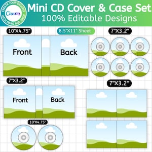 May include: A graphic showing a Mini CD Cover & Case Set with 100% Editable Designs. The design includes CD covers and cases with a blue sky and green landscape background. Dimensions are provided in inches.