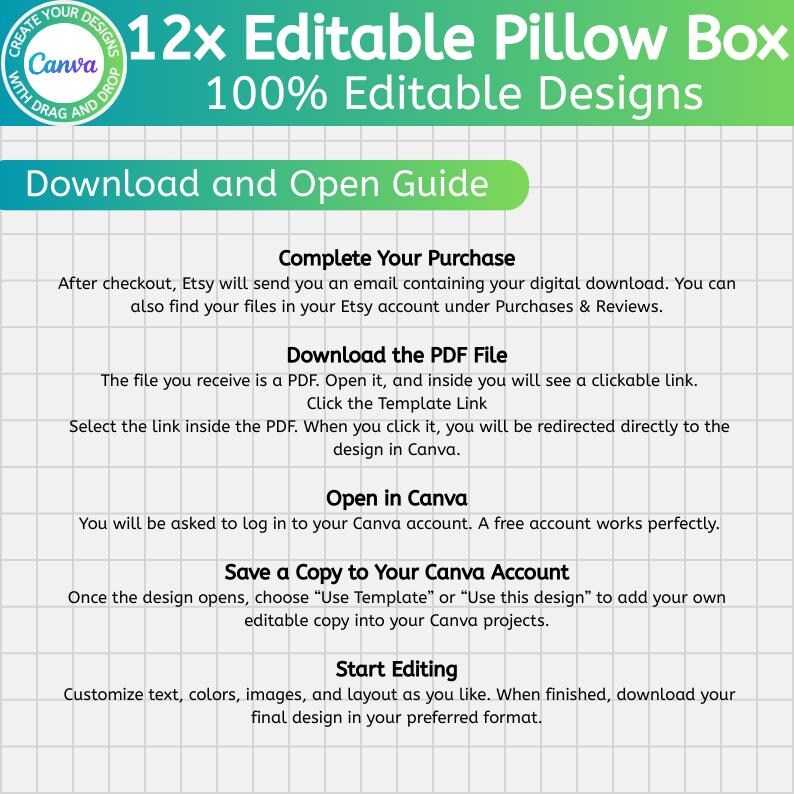 Editable Box Pillow Box Editable Template, Canva Drag and Drop Frames, Party Favor ...