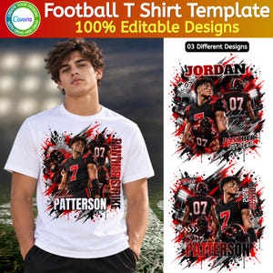 May include: A white t-shirt featuring a graphic design of a football player in a black uniform with the number 7, red and black paint splatter effects, and the text "PANTHER STRIKE" and "PATTERSON" alongside two additional design variations.