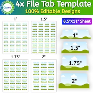 May include: A digital file tab template set featuring four sizes: 1 inch, 1.5 inches, 1.75 inches, and 2 inches. The design displays a landscape with green hills and white clouds against a blue sky on an 8.5 inch by 11 inch sheet format.