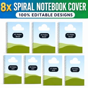 Könnte beinhalten: Ein Set aus 8x Spiralblock-Einbänden mit 100% bearbeitbaren Designs. Die Einbände zeigen eine Landschaft mit blauem Himmel, weißer Wolke und grünen Hügeln. Jeder Block zeigt die spezifische Lochzahl und die Maße in Zoll an.