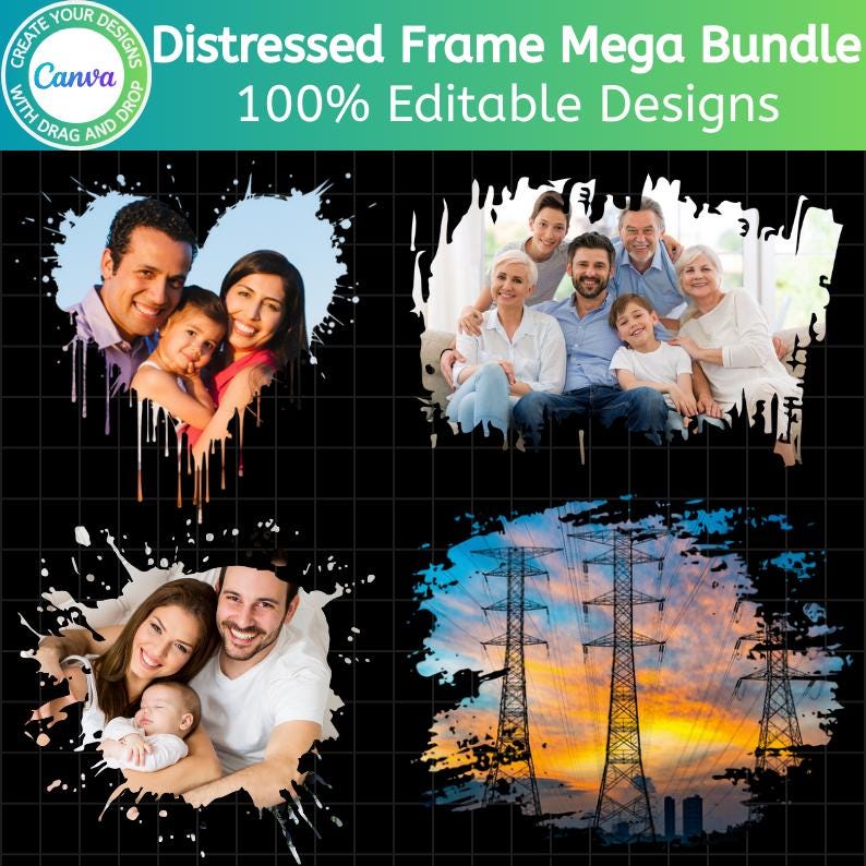 Distressed Grunge Canva Frames Bundle, Editable Distressed Photo Frames ...